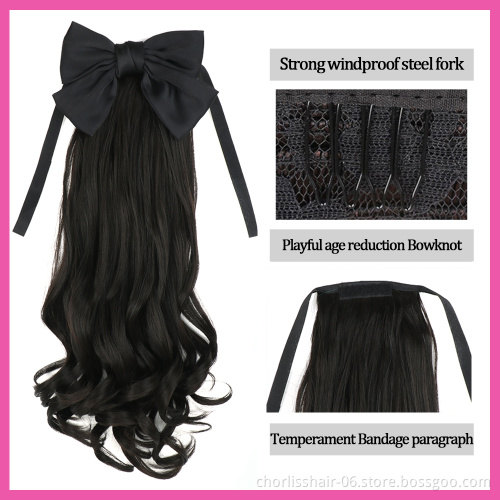 Wholesale Long Ribbon Bow Wrap Curl Bow Bowknot Wave Curly PonyTail Hair Synthetic Clip In Extension For Girl Party 20inch